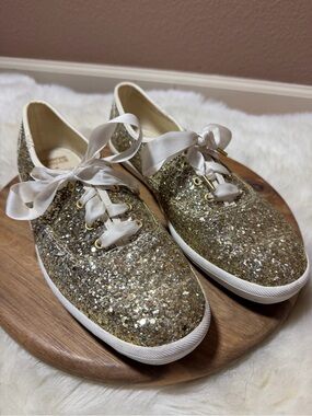 Kate Spade x Keds Gold Glitter Low-Top Sneakers with Satin Ribbon Laces Size 9